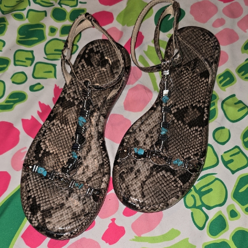 Jessica Simpson Snakeskin T-Strap Sandals with Turquoise Beads